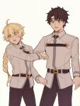 2boys aether_(genshin_impact) ahoge bangs belt belt_buckle black_hair blonde_hair blue_eyes blush braid buckle chaldea_logo chaldea_uniform collared_jacket commentary cosplay costume_switch crossover english_commentary eyebrows_visible_through_hair fate/grand_order fate_(series) fujimaru_ritsuka_(male) fujimaru_ritsuka_(male)_(cosplay) genshin_impact hair_between_eyes highres jacket kulissara-aung long_hair long_sleeves male_focus multiple_boys open_mouth short_hair simple_background single_braid teeth uniform white_background white_jacket yellow_eyes 