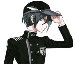  1boy bangs baseball_cap black_hair black_headwear black_jacket brown_eyes buttons closed_mouth commentary_request danganronpa_(series) danganronpa_v3:_killing_harmony deki_(dekiebi) double-breasted eyelashes gakuran hair_between_eyes hand_on_headwear hat highres jacket long_sleeves male_focus pale_skin profile saihara_shuuichi school_uniform short_hair simple_background solo upper_body white_background 