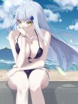  1girl absurdres bangs bare_shoulders beach bikini blue_hair breasts cleavage cloud cloudy_sky collarbone covering_mouth crossed_bangs eyebrows_visible_through_hair facial_mark facial_tattoo front-tie_bikini front-tie_top girls&#039;_frontline green_eyes hand_on_own_knee highres hk416_(girls&#039;_frontline) huge_filesize jewelry long_hair looking_at_viewer medium_breasts nail_polish navel necklace ocean purple_bikini purple_nails purple_swimsuit ring sitting sky solo swimsuit tattoo teardrop weisskaeppchen 