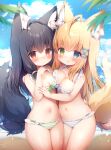  2girls :q absurdres ahoge animal_ear_fluff animal_ears antenna_hair arm_around_shoulder arm_around_waist bangs bikini black_hair blonde_hair blue_eyes blush borrowed_character breast_press breasts cameltoe closed_mouth commentary_request cowboy_shot day eyebrows_visible_through_hair fox_ears fox_girl frilled_bikini frills green_eyes hair_between_eyes hair_ornament halter_top halterneck hand_on_another&#039;s_shoulder hand_up hands_up heterochromia highres leaf long_hair looking_at_viewer medium_breasts momozu_komamochi multiple_girls navel original outdoors red_eyes signature standing stomach striped striped_bikini swimsuit symmetrical_docking tongue tongue_out wet x_hair_ornament 