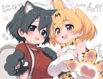  2girls :3 animal_ears animal_hands backpack bag bare_shoulders black_hair blonde_hair blue_eyes blush bow bowtie cat_ears cat_girl cat_tail collar commentary_request elbow_gloves extra_ears eyebrows_visible_through_hair fang gloves heart high-waist_skirt highres kaban_(kemono_friends) kemono_friends kemonomimi_mode looking_at_viewer multiple_girls no_hat no_headwear open_mouth paw_gloves print_gloves print_neckwear print_skirt ransusan red_collar red_shirt serval_(kemono_friends) serval_print shirt short_hair short_sleeves skirt sleeveless t-shirt tail translated white_shirt yellow_eyes 