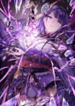  1girl armor bangs braid breasts bridal_gauntlets closed_mouth electricity eyebrows_visible_through_hair flower genshin_impact hair_ornament highres japanese_clothes kimono large_breasts long_hair long_sleeves looking_at_viewer mitsudomoe_(shape) obi obiage obijime panos_t purple_eyes purple_flower purple_hair raiden_(genshin_impact) ribbon sash shoulder_armor simple_background solo sword tassel tomoe_(symbol) twitter_username weapon wide_sleeves 