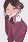  1girl brown_eyes brown_hair chignon food g_ig98 highres original popsicle red_shirt shirt solo sweat 