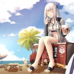  1girl ak-12_(girls&#039;_frontline) artist_request beach beach_umbrella blue_sky breasts chair closed_eyes cloud collarbone commentary commission eating food_truck giant giantess girls&#039;_frontline ground_vehicle heel-less_footwear highres holding jacket medium_breasts motor_vehicle open_clothes open_jacket palm_tree ponytail second-party_source shaved_ice shore silver_hair sitting sky solo surfboard swimsuit table toeless_footwear toes tree truck umbrella 