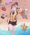  1girl ;d backpack bag bangs barefoot brown_eyes brown_hair commentary_request eyelashes galarian_form galarian_slowpoke gen_1_pokemon gen_4_pokemon gen_8_pokemon gloria_(pokemon) gloves hair_bun hand_up holding holding_clothes holding_footwear jacket knees kubfu legendary_pokemon master_dojo_uniform nikki_(ninciav) one_eye_closed open_mouth pokemon pokemon_(creature) pokemon_(game) pokemon_swsh rotom rotom_phone sand shirt shoes_removed shore short_hair shorts side_slit side_slit_shorts smile staryu toes tongue upper_teeth water white_gloves yellow_jacket 