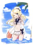  1girl bangs bikini blonde_hair blue_eyes bow cloud cup day disposable_cup eyebrows_visible_through_hair hat highres holding holding_cup innertube jervis_(kancolle) kantai_collection long_hair nikai_kara_momoshio one-hour_drawing_challenge one_eye_closed open_mouth outdoors palm_tree partially_submerged sky solo swimsuit tree w water white_bikini white_headwear 