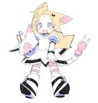  1girl :d blonde_hair blush_stickers boots copyright_request full_body highres looking_at_viewer open_mouth pink_eyes pink_legwear puffy_short_sleeves puffy_sleeves ringed_eyes shirt short_sleeves simple_background smile solo striped striped_legwear tail thighhighs white_background white_shirt wristband zankuro 