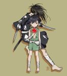  1boy 1girl ankle_wrap barefoot black_hair black_kimono bomhat brown_background brown_eyes child choker commentary dororo_(character) dororo_(tezuka) flower full_body green_tunic highres holding holding_flower hyakkimaru_(dororo) japanese_clothes kimono looking_at_viewer ponytail pouch prosthetic_weapon simple_background spider_lily sword toes weapon wrist_wrap 