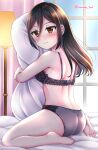  1girl black_hair blush brown_eyes highres kurume_sml lingerie medium_hair morag_ladair_(xenoblade) object_hug pillow pillow_hug solo underwear xenoblade_chronicles_(series) xenoblade_chronicles_2 