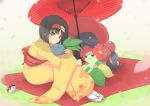  1girl bellossom black_hair brown_eyes cherry_blossoms erika_(pokemon) eyebrows_visible_through_hair fuu_(fuore) gen_1_pokemon gen_2_pokemon gloom gym_leader hairband japanese_clothes kimono long_sleeves looking_at_viewer oddish oil-paper_umbrella on_floor poke_ball pokemon pokemon_(creature) pokemon_(game) pokemon_hgss sandals short_hair sitting tabi umbrella vileplume wide_sleeves 