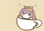  1girl azur_lane black_eyes black_ribbon chibi commentary crown cup hair_ribbon in_container in_cup javelin_(azur_lane) koti light_brown_background mini_crown purple_hair ribbon short_hair simple_background solo 