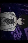  1boy bangs black_hair buttons chain checkered checkered_neckwear checkered_scarf danganronpa_(series) danganronpa_v3:_killing_harmony double-breasted doum_(dangan666) hair_between_eyes highres jacket letterboxed long_sleeves looking_at_viewer male_focus medium_hair ouma_kokichi own_hands_together purple_background purple_eyes scarf sketch smile solo straitjacket unmoving_pattern upper_body 