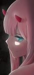  1girl absurdres aqua_eyes bangs black_background blunt_bangs closed_mouth darling_in_the_franxx from_side highres horns long_hair looking_at_viewer looking_to_the_side pink_hair portrait smile solo straight_hair zaloyr zero_two_(darling_in_the_franxx) 
