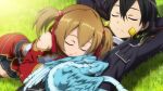  1boy 1girl arms_behind_head black_hair black_skirt closed_eyes dragon game_cg hair_ornament highres kirito official_art outdoors pina_(sao) pleated_skirt short_twintails silica skirt sleeping sleeping_on_person sword_art_online sword_art_online:_hollow_fragment twintails 