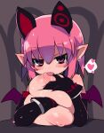  1girl absurdres animal_ears black_gloves blush breasts deathlock-san elbow_gloves eyebrows_visible_through_hair gloves grey_background heart highres huge_breasts licking licking_nipple looking_at_viewer nipples original pink_eyes pink_hair pointy_ears saliva short_hair solo spoken_heart tongue tongue_out upper_body wings zankuro 