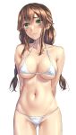  1girl arms_behind_back ass_visible_through_thighs bikini braid breasts closed_mouth collarbone embarrassed highres kantai_collection kokuzou large_breasts long_hair micro_bikini navel noshiro_(kancolle) sidelocks silver_bikini simple_background skindentation solo standing swimsuit twin_braids white_background 