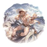  1boy abs bare_pectorals bird bracelet brown_hair choker cloud cloudy_sky conch curly_hair ear_piercing foot_out_of_frame gladiator_sandals granblue_fantasy hat jacket jewelry lobelia_(granblue_fantasy) looking_at_viewer male_focus navel necklace official_art one_eye_closed open_clothes open_jacket pectorals piercing sandals seashell shell shorts sitting sky sleeves_rolled_up smile solo straw_hat transparent_background tree water white_shorts 