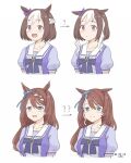  2girls ? ?? animal_ears arrow_(symbol) artist_name blue_eyes blush bow bowtie braid brown_hair closed_mouth collarbone dated eyebrows_visible_through_hair highres horse_ears horse_girl horseshoe_ornament kawashina_(momen_silicon) long_hair multicolored_hair multiple_girls open_mouth puffy_short_sleeves puffy_sleeves purple_eyes purple_shirt sailor_collar sailor_shirt school_uniform shirt short_sleeves simple_background special_week_(umamusume) streaked_hair summer_uniform super_creek_(umamusume) tracen_school_uniform umamusume white_background white_hair 