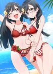  2girls bangs beach bikini black_hair blue_sky braid cloud cowboy_shot day dual_persona dutch_angle glasses grey-framed_eyewear grey_eyes long_hair love_live! love_live!_nijigasaki_high_school_idol_club low_twintails multiple_girls nakagawa_nana outdoors red_bikini satolive20 semi-rimless_eyewear sky swept_bangs swimsuit twin_braids twintails yuuki_setsuna_(love_live!) 