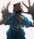  1boy absurdres against_fourth_wall bag bag_over_head blue_shirt cleanerjay collarbone commentary doctor faust_(guilty_gear) gloves glowing glowing_eye guilty_gear guilty_gear_strive highres looking_at_viewer male_focus paper_bag red_eyes shirt short_sleeves simple_background solo stethoscope stitches upper_body white_background white_gloves 