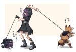  3girls animal_ears arknights black_dress black_hair blush boots brown_coat brown_footwear brown_hair ceobe_(arknights) chibi chinese_commentary chinese_text clothing_cutout coat dog_ears dog_girl dog_tail dog_walking dress eye_mask fang grey_footwear highres hood hood_up horns_through_hood lava_(arknights) lava_the_purgatory_(arknights) leash leash_pull long_hair lying mabing multiple_girls on_side open_mouth pants photo-referenced pointing purple_hair purple_pants red_eyes running saga_(arknights) shadow shiba_inu sparkle sweatdrop tail thigh_boots thighhighs white_legwear 