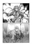  absurdres armor beret blood blood_on_face bow cape dress fairy_knight_tristan_(fate) fate/grand_order fate_(series) fire full_armor gloves greyscale hat hatching_(texture) highres knight long_hair monochrome morgan_le_fay_(fate) shield spoilers staff sword tonelico_(fate) waira weapon wide_sleeves 
