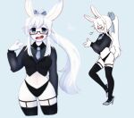  1girl :d animal_ears blue_eyes bow colored_skin furry furry_female glasses hair_bow high_heels highres long_hair long_sleeves multiple_views necktie open_mouth original ponytail rabbit_ears rabbit_girl rabbit_girl_(ressue_(gomgom)) rabbit_tail ressue_(gomgom) sidelocks smile tail thighhighs very_long_hair white_hair white_skin 