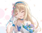  1girl arm_garter bangs blonde_hair blush bouquet civia closed_eyes collarbone crying flower gloves hair_ornament headband holding holding_bouquet hololive hololive_china horns jewelry kebin_no_shio_amaou long_hair necklace parted_bangs single_horn sleeveless smile solo tears unicorn_girl virtual_youtuber white_gloves 