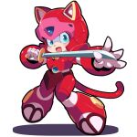  1girl animal_ears animal_helmet armor blue_eyes cat_ears cat_tail fangs full_body furry furry_female helmet highres holding holding_sword holding_weapon joints kyatto_ninden_teyandee open_mouth pururun robot_joints solo sword tail weapon zankuro 