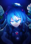  1girl 834588648 absurdres bangs black_dress blue_background blue_eyes blue_hair closed_mouth commentary dress english_commentary floating_hair flower hair_between_eyes hatsune_miku highres jasmine_(flower) long_hair looking_at_viewer smile solo vocaloid white_flower 