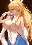  1girl artoria_pendragon_(fate) artoria_pendragon_(swimsuit_ruler)_(fate) bangs bare_shoulders black_background blonde_hair blue_legwear blush breasts card cleavage closed_mouth detached_collar fate/grand_order fate_(series) green_eyes highres holding holding_card large_breasts long_hair looking_at_viewer pantyhose simple_background smile solo yoshimoto_(carpsukidayo) 