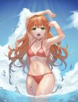  1girl arms_up bikini blue_sky breasts cloud cowboy_shot day green_eyes himeno_hera looking_at_viewer orange_hair original outdoors red_bikini sky small_breasts smile solo standing swimsuit wading water 