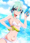  1girl absurdres bikini blue_sky breasts closed_mouth cloud collarbone commentary_request day green_eyes green_hair hair_between_eyes hair_ornament highres holding holding_water_gun island_(kossori) looking_at_viewer navel ocean short_hair sinon sky small_breasts smile solo stomach swimsuit sword_art_online water_gun white_bikini 