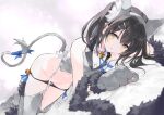  1girl animal_ear_fluff animal_ears animal_hands bangs bare_shoulders bell black_hair black_panties blue_ribbon blush breasts brown_eyes cat_ears cat_tail fake_animal_ears fate/kaleid_liner_prisma_illya fate_(series) feather_hair_ornament feathers gloves grey_gloves grey_legwear grey_vest hair_ornament hairclip jingle_bell long_hair looking_at_viewer lying miyu_edelfelt nanananana navel neck_ribbon on_side open_mouth panties paw_gloves ribbon small_breasts solo tail thighhighs thighs twintails underwear vest 
