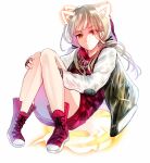  1girl bangs blonde_hair closed_mouth full_body hair_between_eyes highres jacket letterman_jacket long_hair looking_at_viewer reality_arc_(sinoalice) red_eyes red_footwear red_jacket red_riding_hood_(sinoalice) shoes simple_background sinoalice sneakers solo towada-san_(thank39) twintails v-shaped_eyebrows white_background 