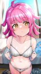  1girl bangs blunt_bangs blush bra breasts closed_mouth eyebrows_visible_through_hair grey_bra grey_panties love_live! love_live!_nijigasaki_high_school_idol_club navel panties pink_hair shiitake_taishi short_hair small_breasts solo tennouji_rina underwear underwear_only yellow_eyes 