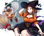  1boy 1girl bangs black_choker black_headwear boku_no_hero_academia bow breasts broom broom_riding brown_eyes brown_hair choker cleavage collarbone commentary_request dress feet_out_of_frame ghost_costume green_ribbon grey_background halloween_costume hand_on_headwear happy_halloween hat large_breasts midoriya_izuku official_alternate_costume orange_dress oversized_food puffy_short_sleeves puffy_sleeves red_bow red_footwear ribbon short_hair short_sleeves simple_background sparkle tomoya_(10mymn10_mha) two-tone_ribbon uraraka_ochako white_ribbon witch_hat 