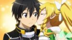  1boy 1girl black_eyes black_hair blonde_hair closed_eyes game_cg hetero highres kirito kiss kissing_cheek leafa leafa_(sao:im) long_hair official_art sword_art_online sword_art_online:_hollow_fragment 