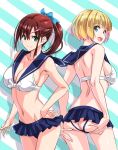  2girls ass bikini blonde_hair breasts brown_hair chinatsu_(suzutsuki_kurara) cleavage hair_ribbon highres hijiri_muroya_(suzutsuki_kurara) looking_at_viewer multiple_girls navel open_mouth original ponytail ribbon school_uniform serafuku shiny shiny_skin short_hair suzutsuki_kurara swimsuit 