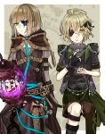  2boys :o antenna_hair asymmetrical_legwear bangs black_gloves black_jacket blue_butterfly boots brown_footwear brown_hair brown_hood brown_legwear bug butterfly cage closed_mouth covering_one_eye eyepatch gloves green_eyes green_hair gretel_(sinoalice) hair_between_eyes hansel_(sinoalice) highres insect jacket long_sleeves looking_at_viewer multiple_boys open_mouth pinocchio_(sinoalice) short_hair short_sleeves single_glove single_thighhigh sinoalice thigh_boots thighhighs towada-san_(thank39) uneven_legwear 