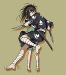  1boy 1girl ankle_wrap barefoot black_hair black_kimono bomhat brown_background closed_mouth commentary dororo_(character) dororo_(tezuka) expressionless feet full_body green_tunic highres hyakkimaru_(dororo) japanese_clothes katana kimono long_hair missing_limb print_kimono prosthetic_weapon red_eyes simple_background soles sword toes tunic weapon 