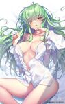  1girl bare_shoulders bed_sheet breasts c.c. code_geass eyebrows_visible_through_hair fingernails green_hair hong_(white_spider) long_hair long_sleeves looking_at_viewer lying medium_breasts off-shoulder_shirt off_shoulder on_back open_clothes open_mouth open_shirt patreon_username shirt signature solo teeth thighs upper_teeth white_shirt yellow_eyes 