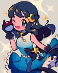  1girl ;d bangs beads black_gloves black_hair blue_dress blue_eyes blush_stickers bow chueog crescent crescent_hair_ornament dawn_(pokemon) dress eyelashes gloves grey_background hair_ornament hand_up highres holding holding_poke_ball long_hair looking_at_viewer one_eye_closed open_mouth poke_ball poke_ball_(basic) pokemon pokemon_(anime) pokemon_swsh_(anime) sidelocks sleeveless sleeveless_dress smile solo sparkle tongue twitter_username 