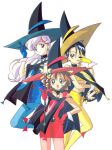  1990s_(style) 3girls aikawa_akane black_hair blue_dress blue_eyes blue_gloves blue_legwear brown_eyes brown_hair dress earrings eyebrows_visible_through_hair gloves hat holding holding_wand itou_ikuko jewelry long_hair looking_at_viewer mahou_tsukai_tai! midriff miniskirt multicolored_hair multiple_girls nakatomi_nanaka navel official_art one_eye_closed open_mouth pencil_skirt red_dress red_gloves red_hair red_legwear retro_artstyle sawanoguchi_sae short_dress short_hair simple_background skirt smile two-tone_hair wand white_background white_hair witch_hat yellow_gloves yellow_legwear yellow_skirt 