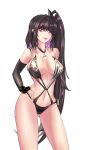 1girl absurdres architect_(girls&#039;_frontline) architect_(type_nvw)_(girls&#039;_frontline) bare_shoulders bikini black_bikini black_gloves black_hair black_swimsuit breasts collarbone elbow_gloves eyebrows_visible_through_hair feet_out_of_frame fingerless_gloves girls&#039;_frontline gloves hair_ornament hand_on_hip highres kepra_iii long_hair looking_at_viewer medium_breasts navel open_mouth purple_eyes sangvis_ferri side_ponytail smirk solo standing swimsuit white_background 