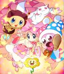  1girl :3 :d blonde_hair blush bow breasts cleavage closed_mouth crossover dress drill_hair flower flowey_(undertale) full_body gyosone hair_bow hamidento harime_nui hat holding holding_umbrella jester_cap kill_la_kill kirby_(series) kirby_super_star kyubey long_hair looking_at_viewer mahou_shoujo_madoka_magica marx multiple_crossover open_mouth parasol pink_bow pink_umbrella pyuu_to_fuku!_jaguar smile star_(symbol) strapless strapless_dress trait_connection twin_drills umbrella undertale 