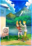  1boy 1girl :d bandana bangs bike_shorts black_legwear blue_footwear border brown_hair cloud collared_shirt commentary_request day gen_3_pokemon grass green_hair green_pants highres holding holding_pokemon kikuyoshi_(tracco) long_sleeves may_(pokemon) mountain on_head open_mouth outdoors pants pokemon pokemon_(creature) pokemon_(game) pokemon_gym pokemon_on_head pokemon_rse ralts red_shirt shirt shoes short_hair short_sleeves signature skirt sky smile socks sparkle standing torchic wally_(pokemon) water white_skirt 