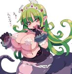  1girl black_gloves black_skirt blush breast_veil breasts earrings eyebrows_visible_through_hair floating_hair forked_tongue gloves green_hair highres jewelry lamia large_breasts licking licking_finger long_hair long_tongue looking_at_viewer microskirt monster_girl navel original pasties pencil_skirt pointy_ears saliva simple_background skirt slit_pupils smile tongue tongue_out untying very_long_hair very_long_tongue white_background yellow_eyes zankuro 