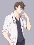  1boy alternate_costume black_pants brown_eyes brown_hair doctor earrings glasses granblue_fantasy grey_background grin jewelry labcoat lobelia_(granblue_fantasy) looking_at_viewer male_focus mame_lde open_clothes pants shirt short_hair simple_background single_earring smile solo stethoscope teeth 