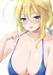  1girl ahoge bikini bikini_top blonde_hair blue_bikini blush breasts cleavage glasses green_eyes highres i-8_(kancolle) kantai_collection large_breasts looking_at_viewer open_mouth red-framed_eyewear short_twintails simple_background smile solo sweat swimsuit takomeshi twintails upper_body white_background 